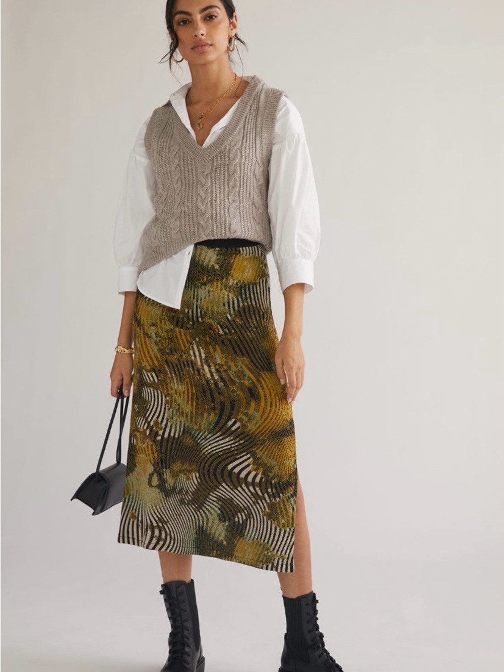 Anthropologie Wild Knit Midi Skirt, Olive & Black Abstract Pattern
